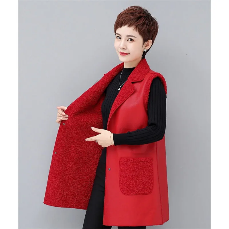 

Middle-Aged Mother Vest Women Jacket Autumn Winter New Long With Lambswool Sleeveless Coat High Quality Female Fashion Waistcoat