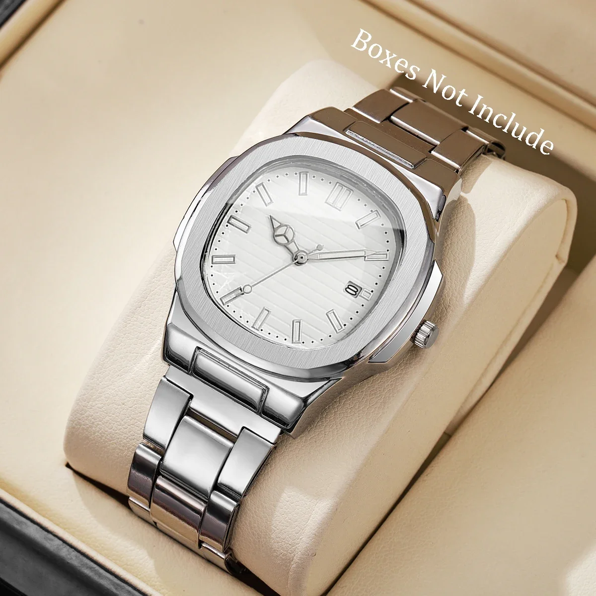 1pc Men's Fashion Watch Business Square Dial Stainless Steel Strap Quartz Watch with Calendar Men's Clock (No Box)