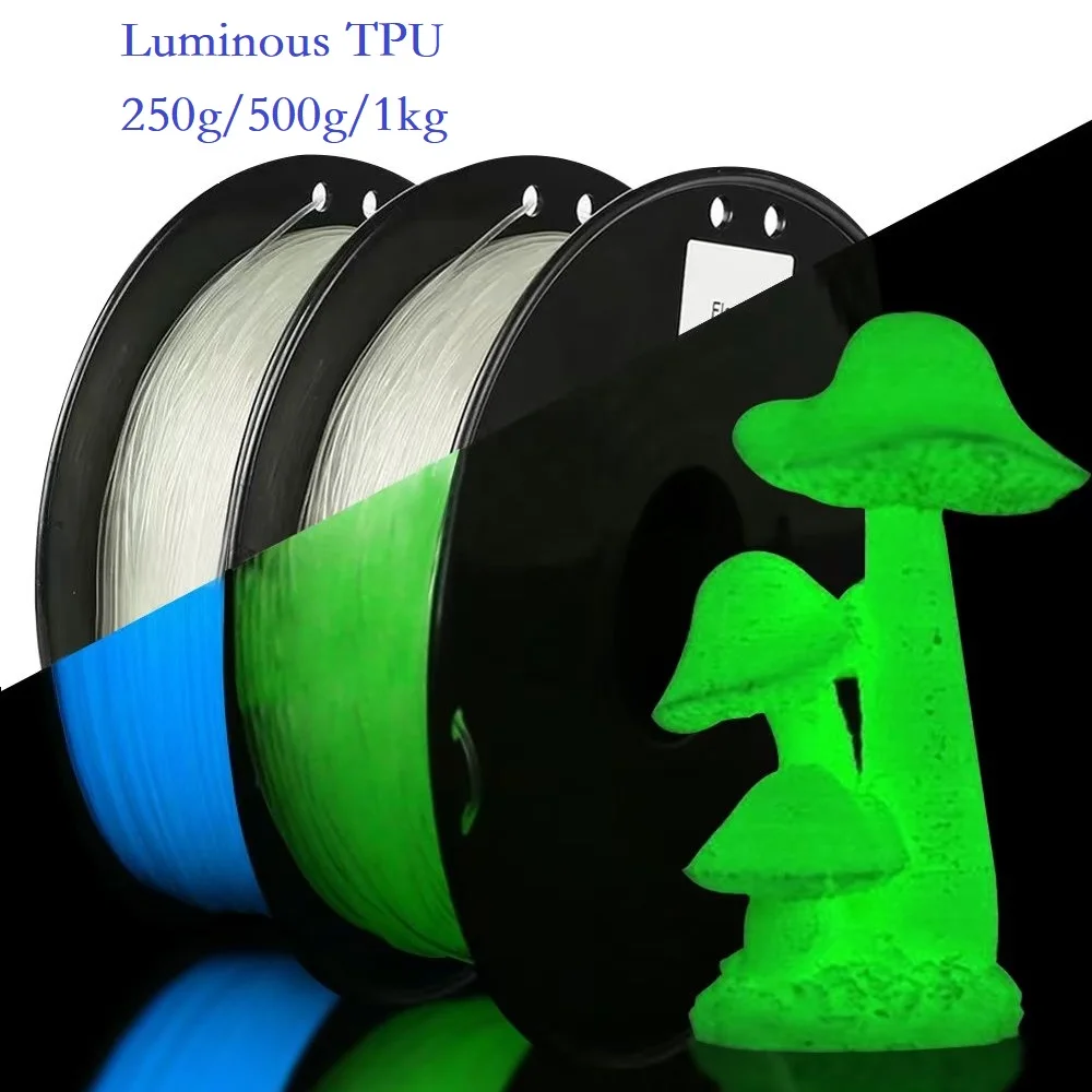 خيوط مرنة تتوهج في الظلام بولي يوريثان 1.75 مم 1 كجم 500 جرام 250 جرام FDM خيوط طابعة ثلاثية الأبعاد مضيئة من مادة البولي يوريثان الناعمة 95A أزرق شفاف أخضر