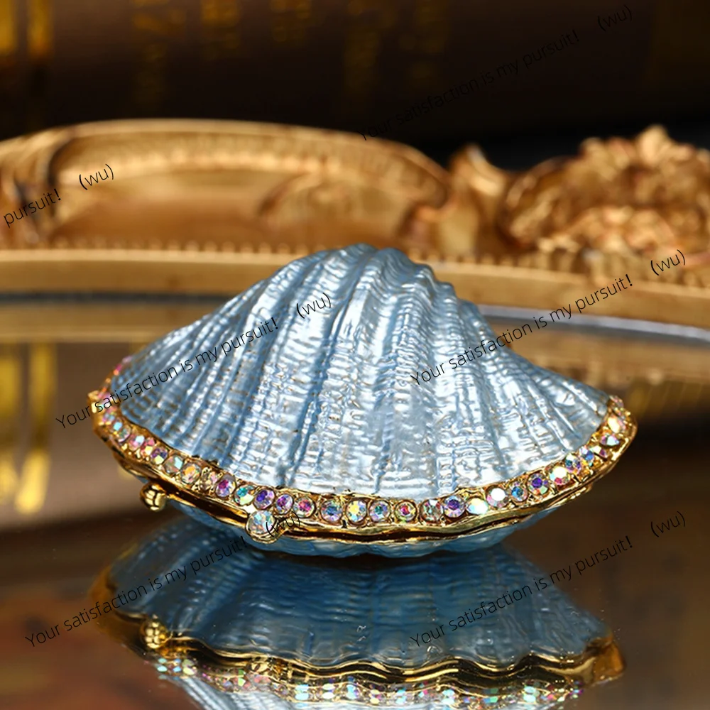 For Vintage Pearl Mussel Hinged Trinket Box Metal Enameled Figurines Collectible Gift Ring Holder Organizer Home Wedding Decor