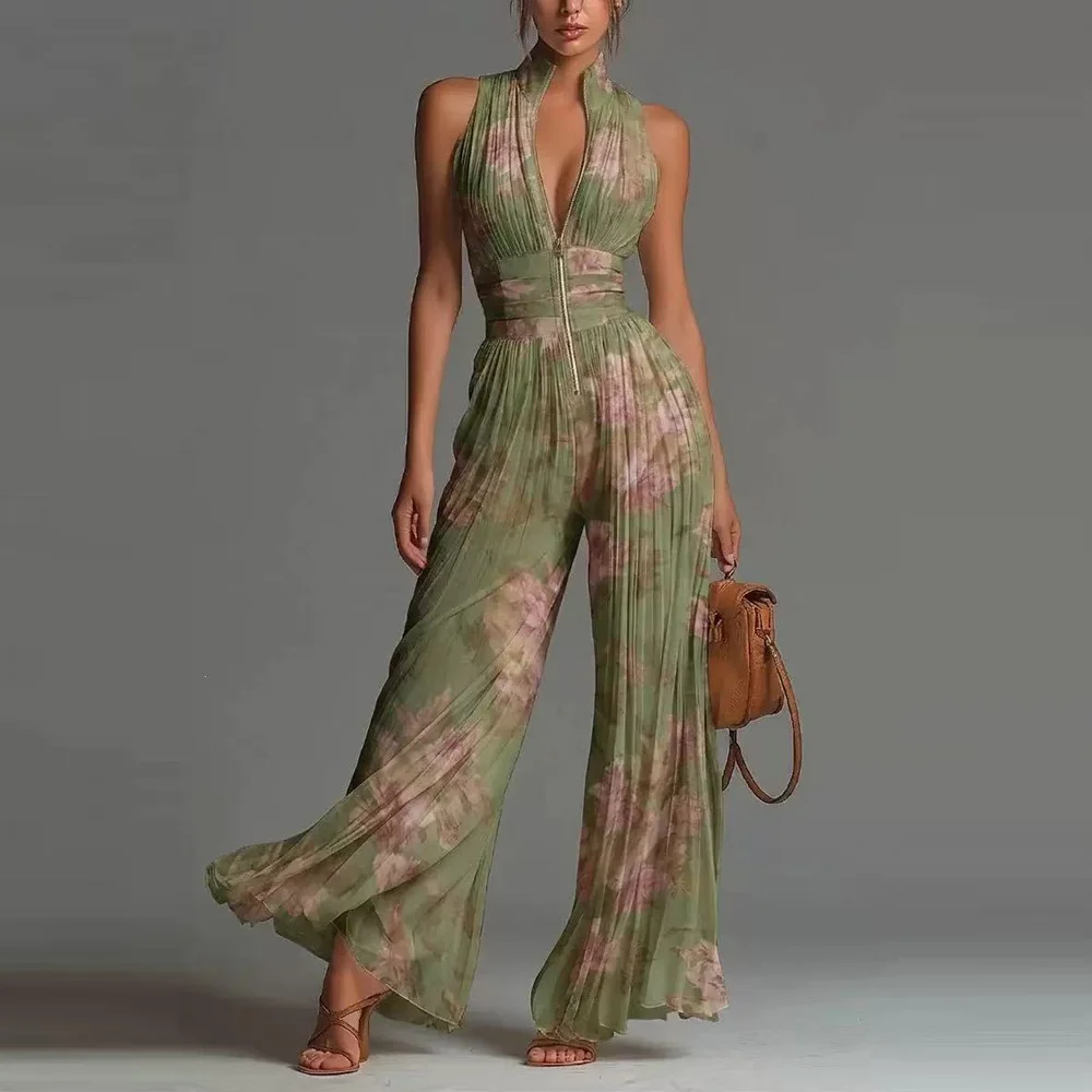 Casual Zipper Print Chiffon Playsuit Fashion Stand Collar Pleated One Piece Rompers Women Elegant Sleeveless Waist Long Jumpsuit