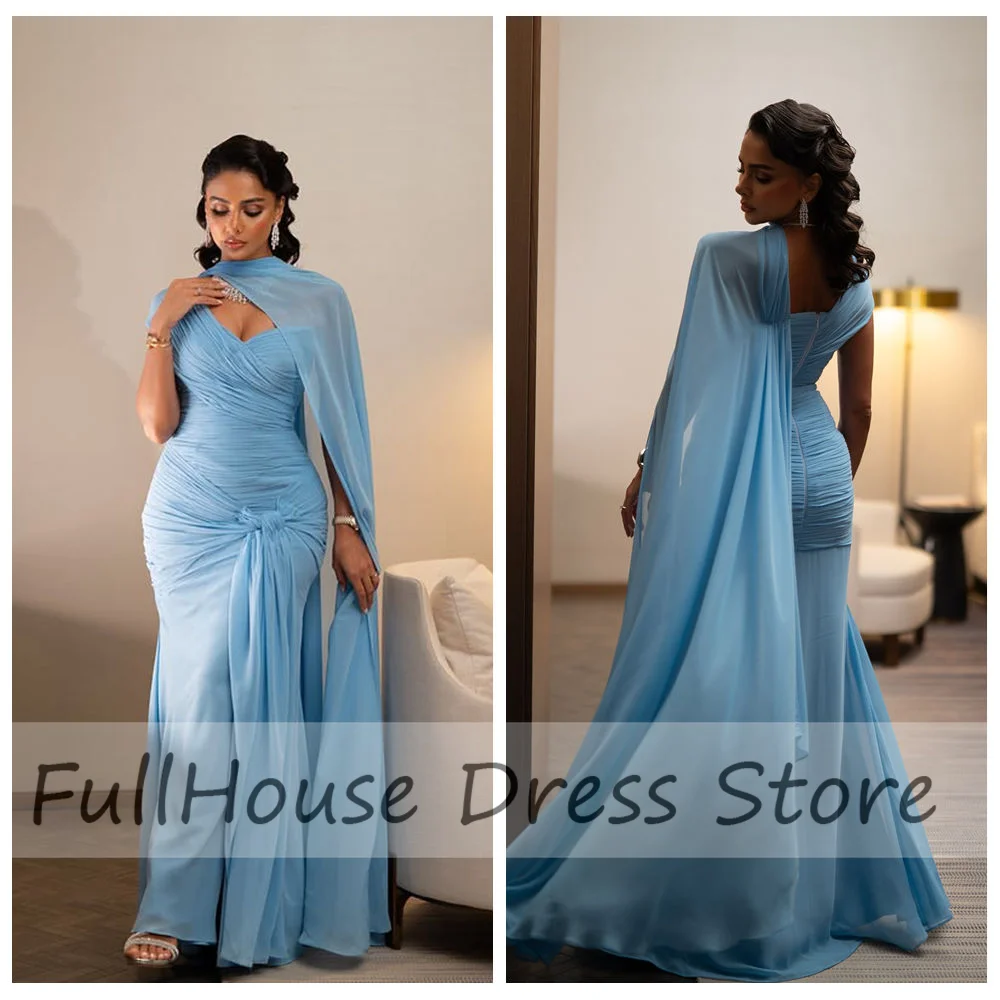 

Custom Made Off Shoulder Tiered Pleated Sexy Straight Backless Evening Gown Floor Length Side Slit Saudi Arab Dress with Cape