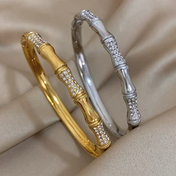 AENSOA New Design Inlaid Zircon Bamboo Charm Stainless Steel Bangle Bracelet for Women Unique Simple Gold Plated Wrist Jewelry