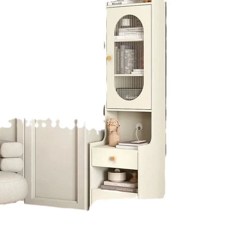 Cream bedside table High storage bedside table Super narrow small integrated bookshelf French bedroom Small apartment locker