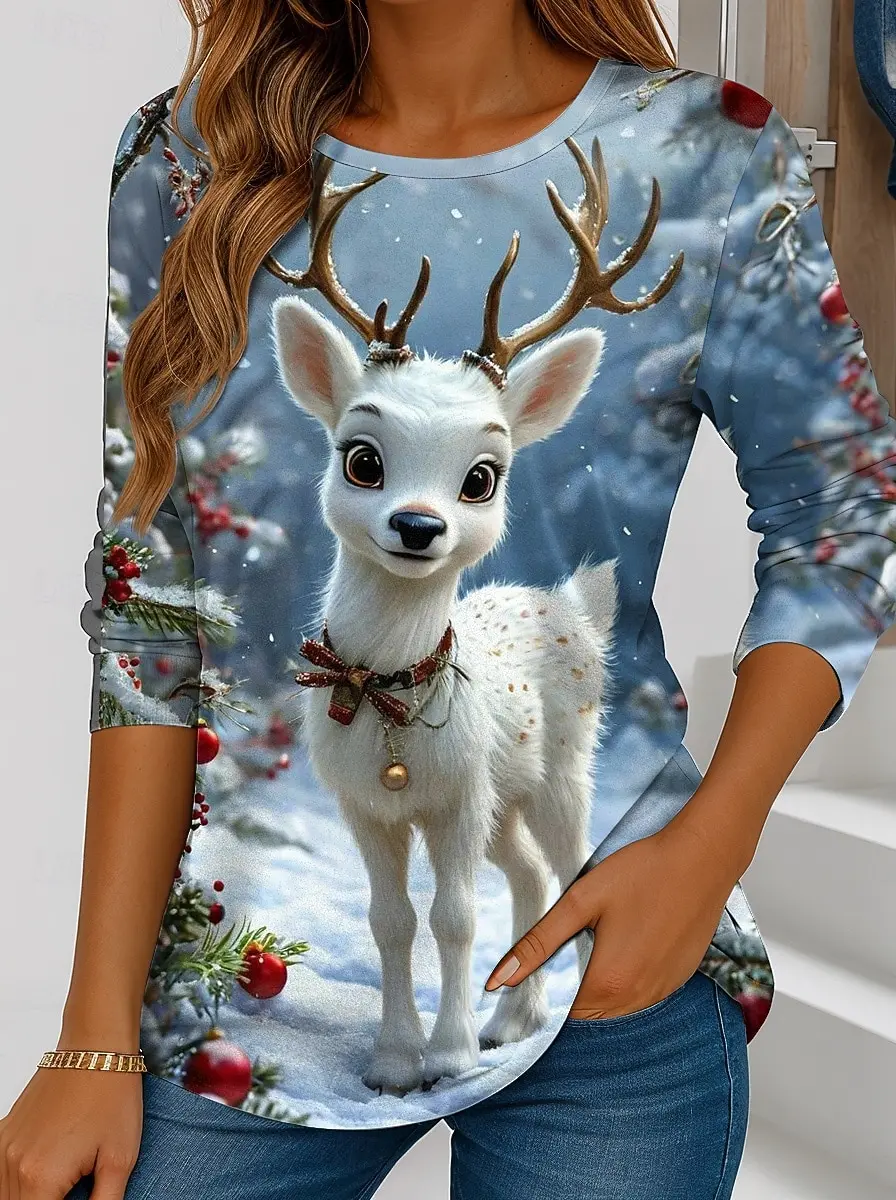 Christmas Women's T-shirt Cute Animal elk 3D Print Crew Neck Outdoor Festival Long Sleeve T Shirts Women Clothing Pullover
