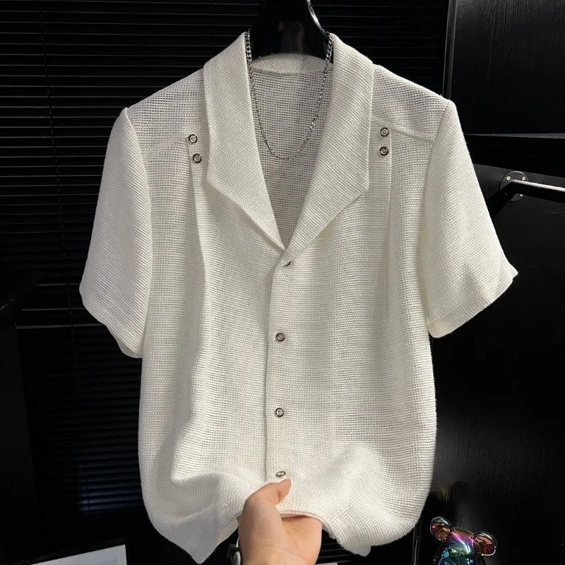 Men Lapel Wfle Knit Shirt Metal Button Decor Loose Short Sleeve Trendy Casual Blouse