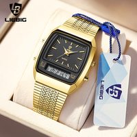 LIEBIG New Golden Steel Strap Quartz Sport Watch Mens Dual Time Week Display Digital Wristwatches Waterproof Clock Reloj Hombre
