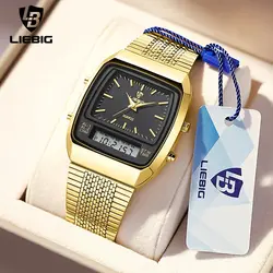 LIEBIG New Golden Steel Strap Quartz Sport Watch Mens Dual Time Week Display Digital Wristwatches Waterproof Clock Reloj Hombre