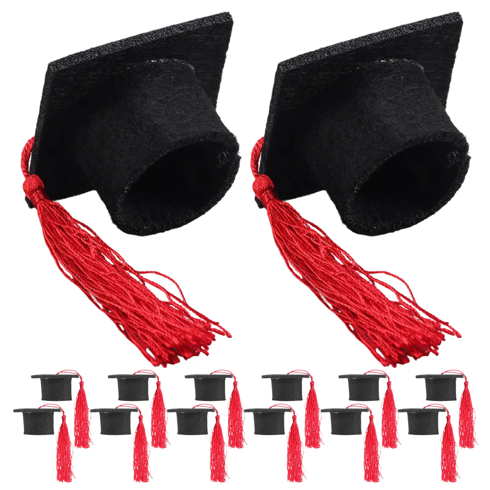 20 Piezas de Mini Birretes de Graduación con Borlas Rojas, Decoraciones de Fieltro para Birretes de Graduación, Adornos para Pasteles, Recuerdos para Fiestas, Temporada de Graduación