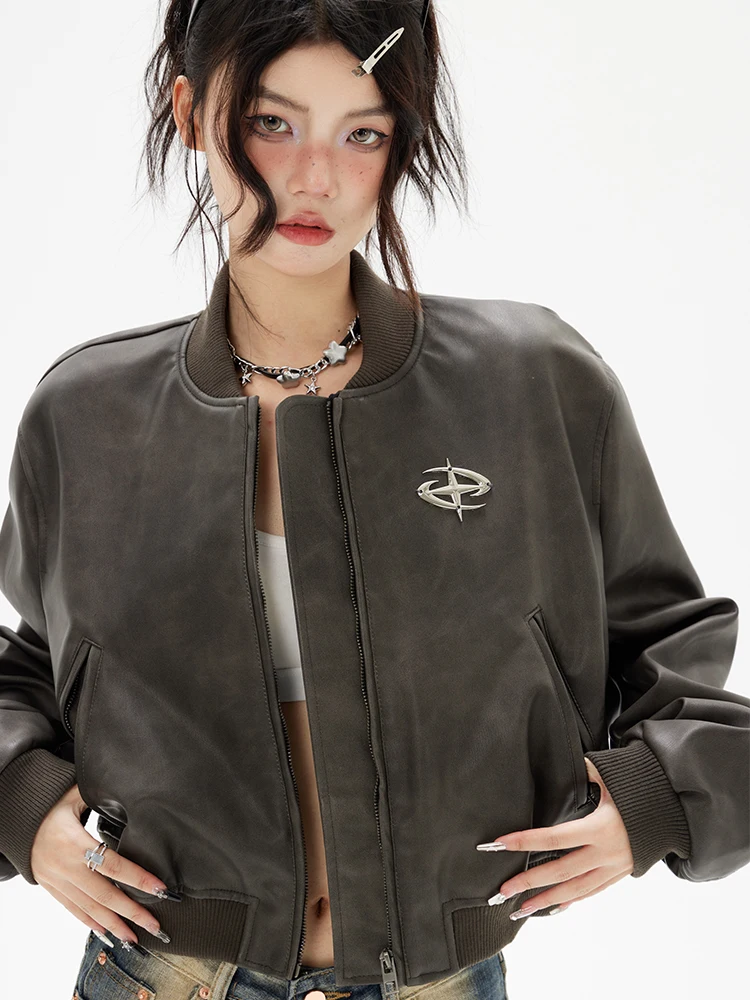 American Vintage PU Leather Jackets Korean Chic Hippop Stand Collar Zipper Casual Coats Y2k Aesthetic Punk Grunge Top 2000s
