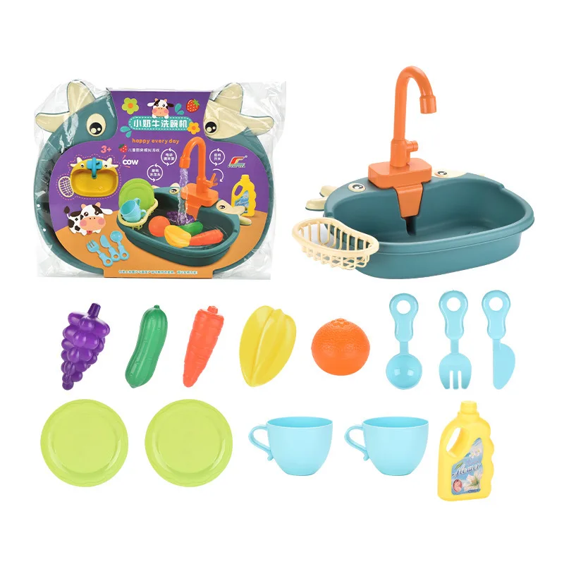 Electric Dishwasher Pretend Play Set Kids Kitchen Sink Toy Electric Dishwasher Playing Toy With Running Water Food Role PlayToys