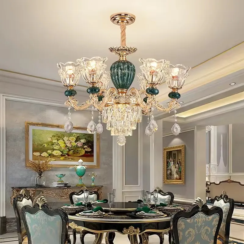 Crystal Ceramic Retro LED Ceiling Chandelier European Style Lamps Living Room Bedroom Villa Duplex