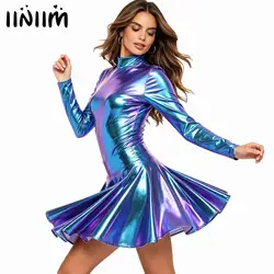 Womens Shiny Glossy Club Dress Long Sleeve Turtleneck Zipper Leotard with High Waist Flare Skirt for Rave Party Pole Dancing