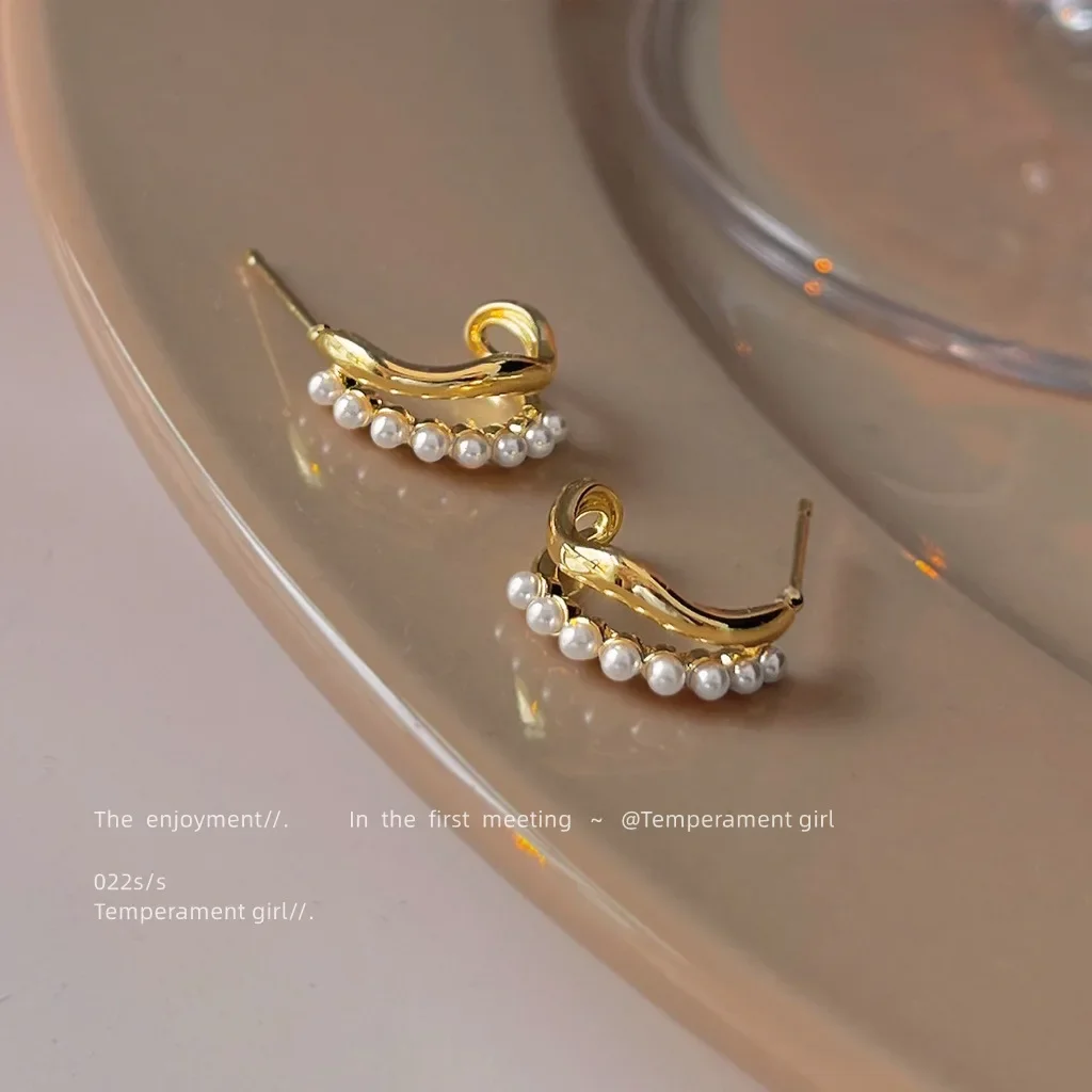 This Real High-end Feeling Exploded! 925 Silver Pin Plated 14K Geometric Pearl Round Women's Earrings Ins