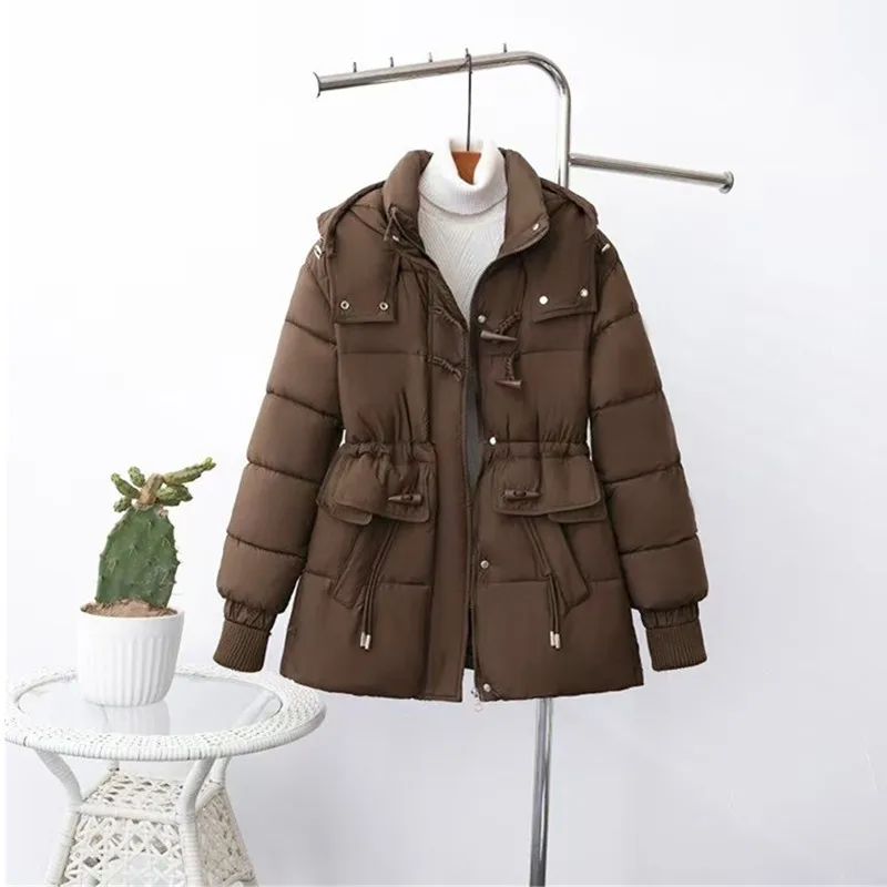 

2026 Winter New Cotton Padded Hooded Jacket Women's Fashion Slim Down Cotton Thicken Coat Women Solid Color Cotton Warm Overcoat