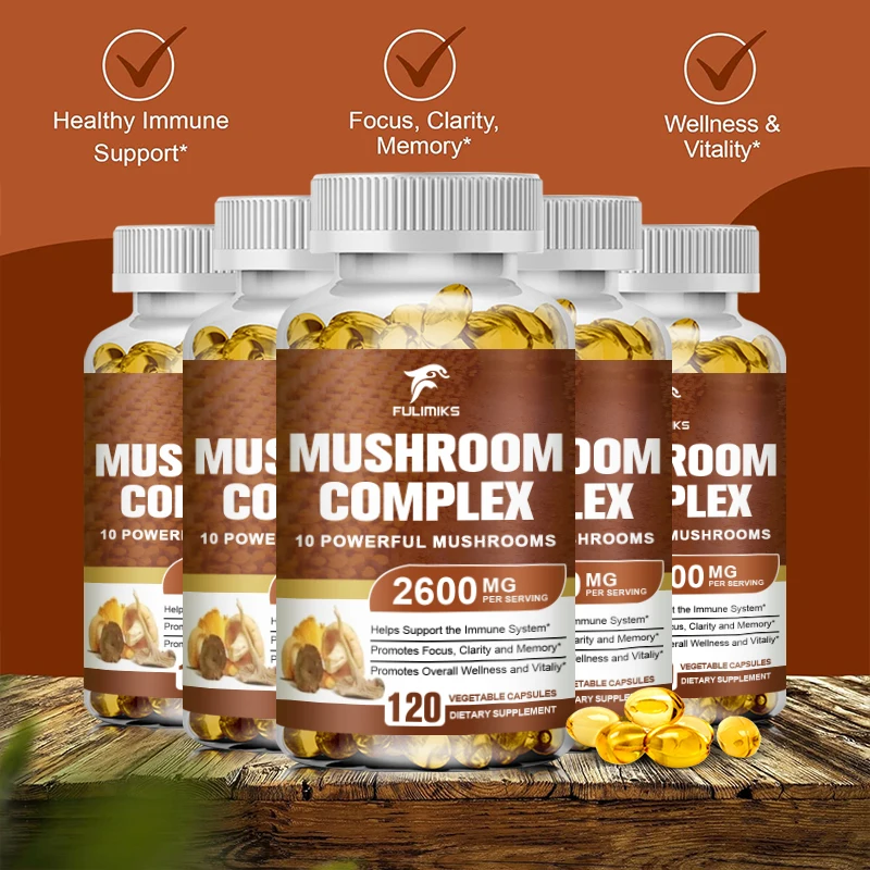 Vegan 10x Mushroom Complex Capsules with Lions Mane, Chaga, Reishi, Cordyceps For Men & Women Mood & Stress Dietary Supplement