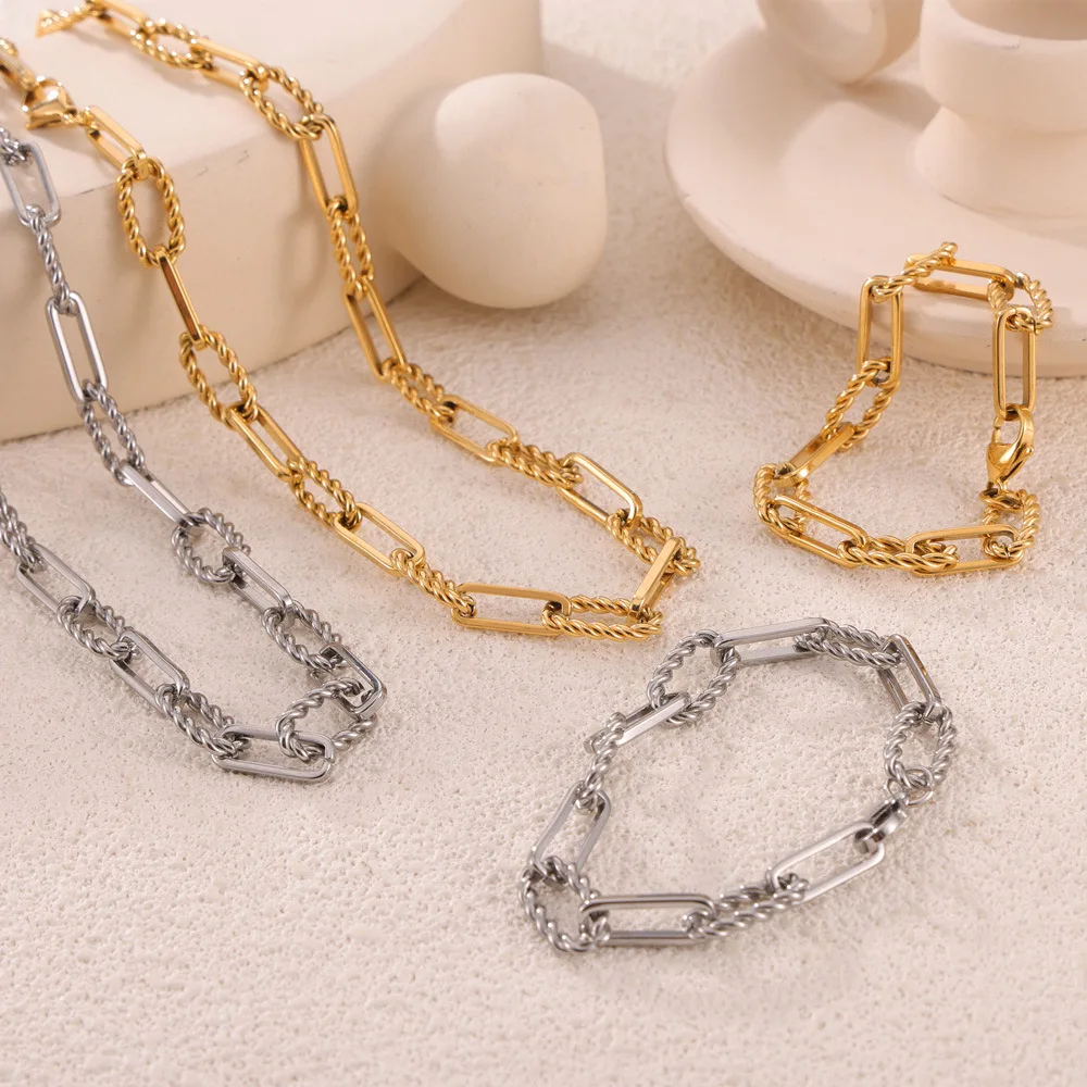 

Fashion Hip Hop Thick Chain Necklace New 316L Stainless Steel Gold Plated Bracelet Jewelry Set Women's Waterproof Jewelry
