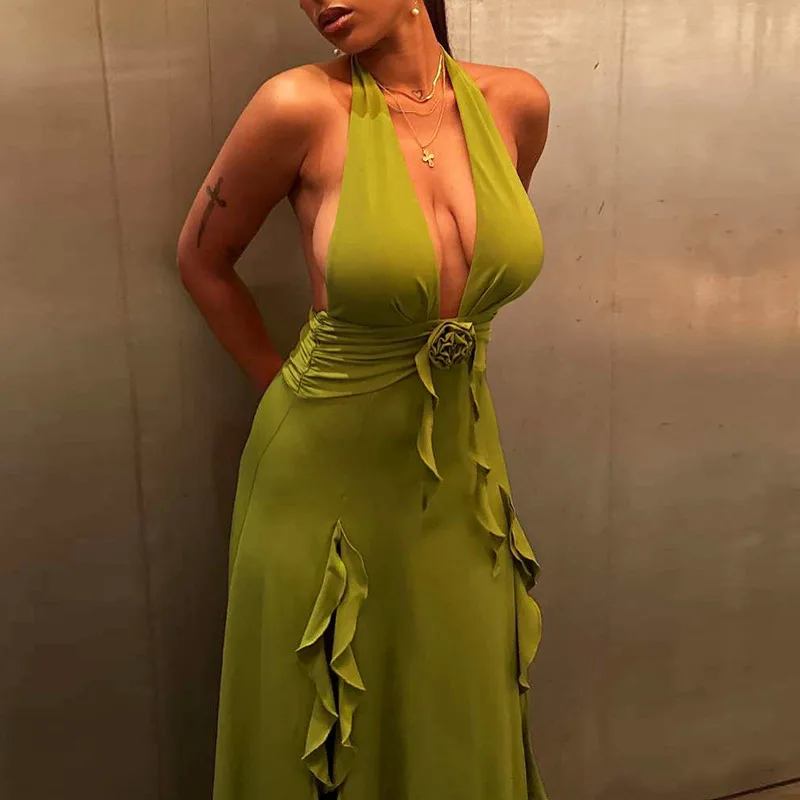 Vestido de fiesta plisado con flores en 3D para mujer, vestido de fiesta sin espalda, cinta Halter, abertura alta, verde gergeo, vestido de noche sin mangas