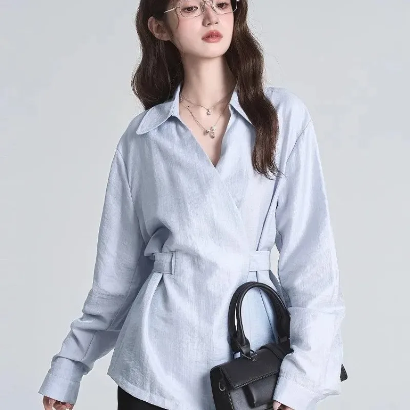 

Женская блузка в французском стиле с завязками на талии, свободного кроя, с длинными рукавами