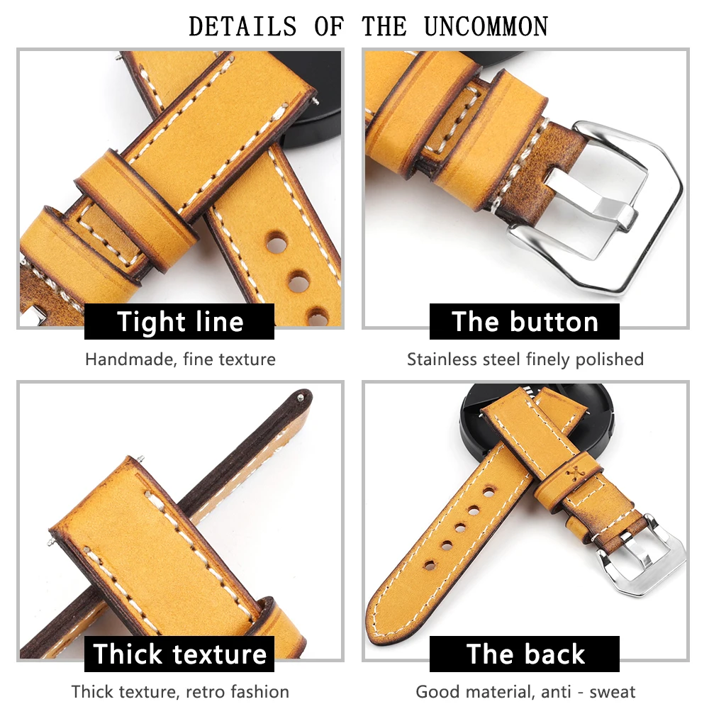 Watch Strap Cow Leather Retro Handmade Wristband 20mm 22mm 24mm Vintage Thick Watchband Watch Strap Belts Polished Buckle