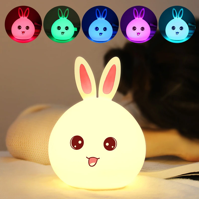 Soft Silicone Night Light Cute Rabbit Lamp Touch Sensor Colorful Bedroom Cartoon Decor Bedside Lamp for Children Kid\'s Gift