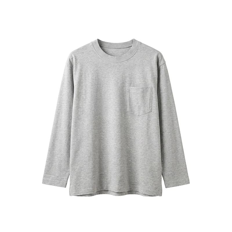 Men's Cotton Long Sleeve Round-Neck Solid Color Knit T-Shirt with Chest Pocket Loose Inner Outer Top Autumn Pullover