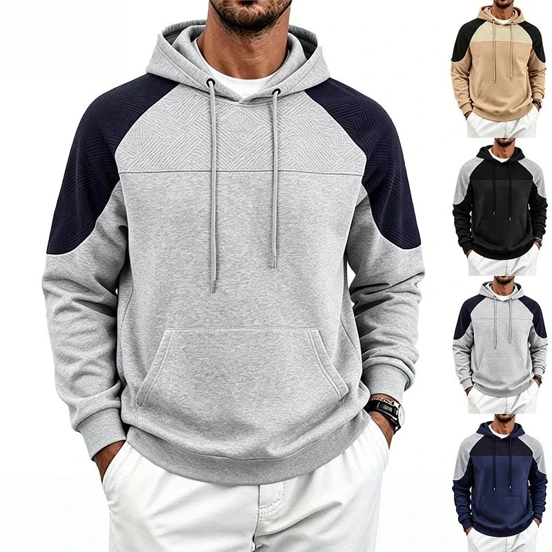 Autumn Winter Men Color Block Raglan Hoodie Textured Chest Panel Drawstring Kangaroo Pocket Loose Casual Streetwear Sweatshirt