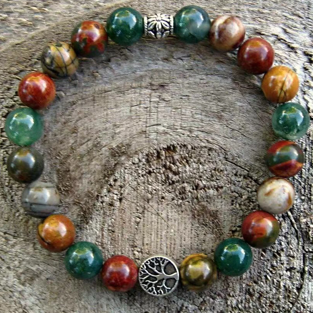 

MG2140 New Design 10 MM Indian Agate Picasso Jasper Tree Of Life Bracelet Fashion Womens Stress Relief Wrist Yoga Mala