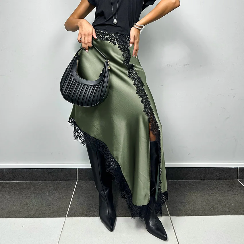 

Элегантная зеленая длинная юбка с высокой талией из атласа и кружева, асимметричная, повседневная, в стиле пэчворк, весна 2026, от Linad Street