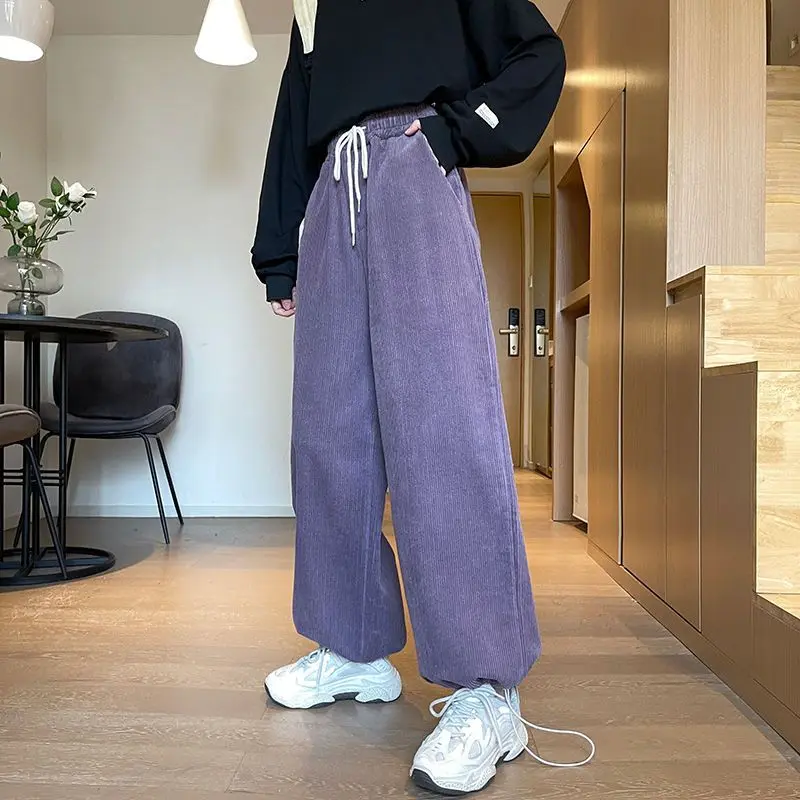 Drawstring Sweatpants Women Fall Winter Loose High-Waisted Solid Padded Thick Wide-Legged Pants Basic Harajuku Warm Trousers