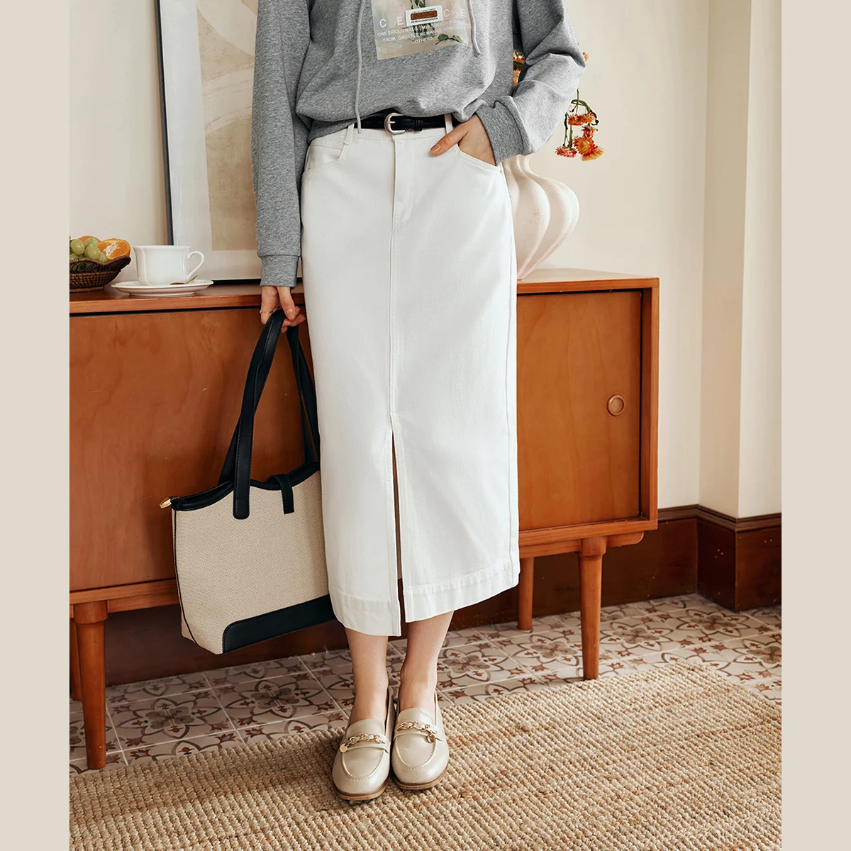 OLrain 100% Cotton Denim Skirt Women 2026 Spring Straight Fashion Commute Female Solid Slit Pockets Long Skirts M56QB93583