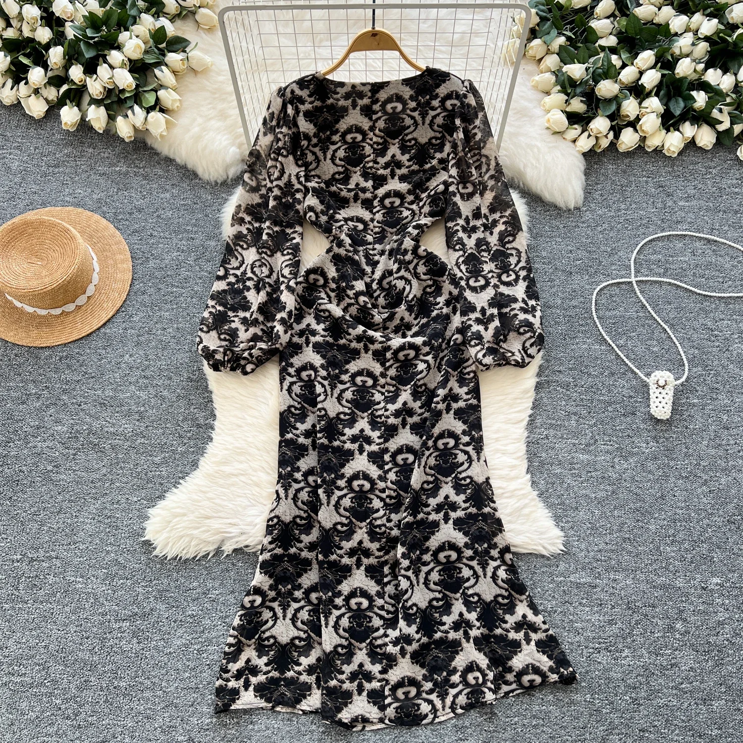 Women V-neck Vintage Lantern Sleeve Elegant Chic Lace Embroidered Slim Dresses French Evening High Street Autumn Winter Clothing