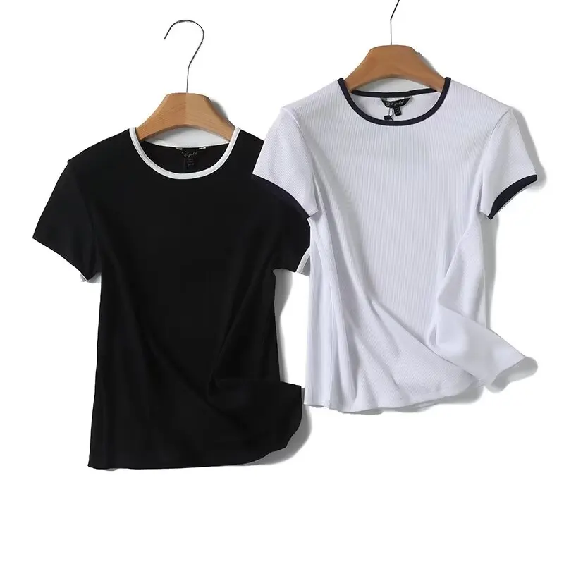 Women's 2024 New Fashion Temperament Joker Slim Version Contrast O-neck Shoulder T-shirt Retro Short-sleeved T-shirt Chic Top