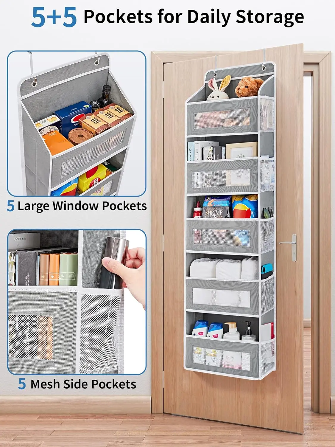 Over the Door Organizer Storage 5 Shelf Hanging Door Organizer with 5 Large Capacity Pockets for Bedroom Bathroom 1pcs