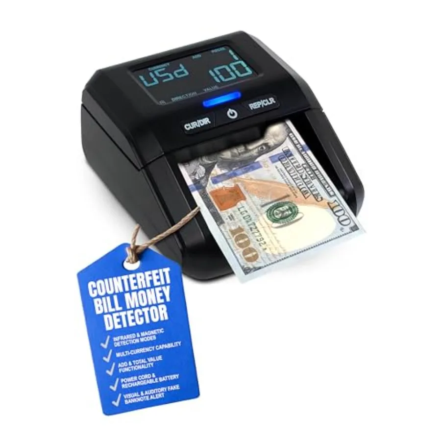 

Portable counterfeit money detector machine for USD/EUR/GBP/MXN bills, ABS plastic body, black color, LCD display and rechargea
