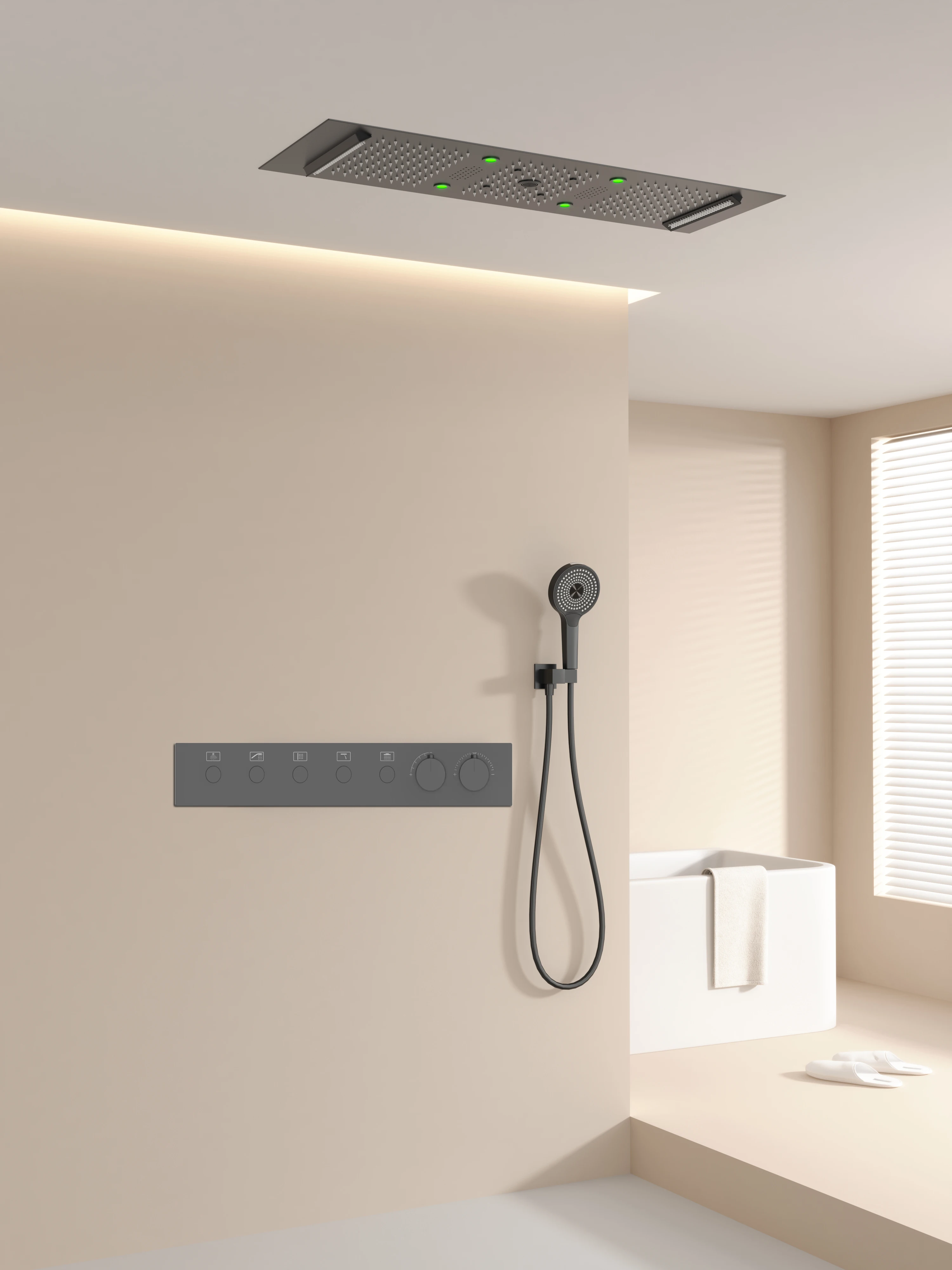 

Музыкальная душевая система 900x300 мм с LED-подсветкой, эффектом дождя и водопада, термостатическая, 5 режимов, черная или оружейная сталь