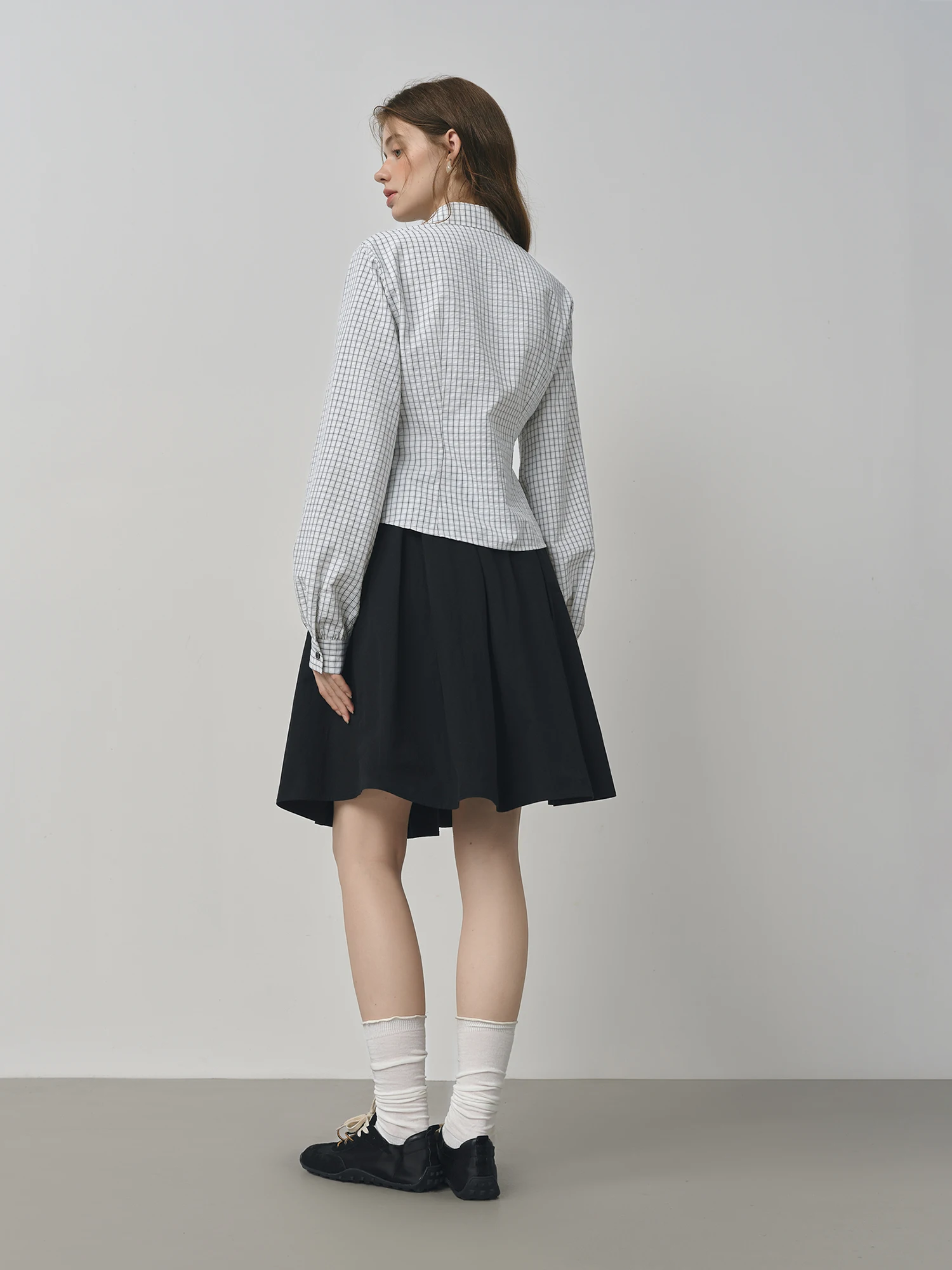 ​ Fsle outono 2025 camisa feminina xadrez de manga comprida – estilo preppy cintura gravata cordão ajuste ajustável blusa casual túnica top ​