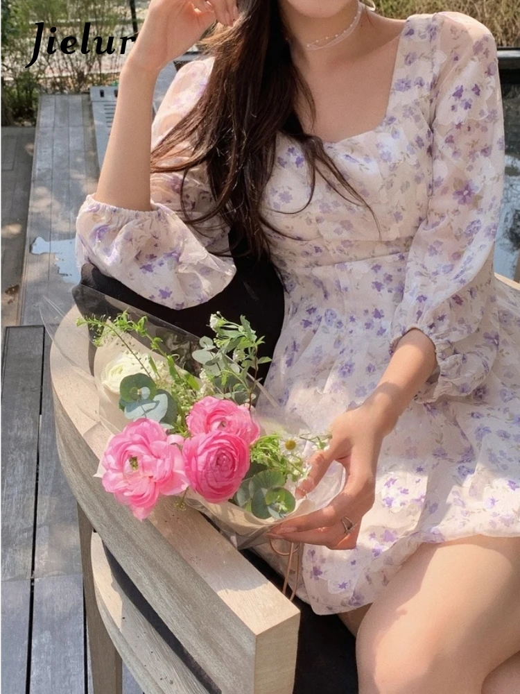 

Jielur Y2K Short Party Dress Women Casual Long Sleeve Sweet Elegant Floral Mini Dress Beach Style One Piece Dress 2022 Summer