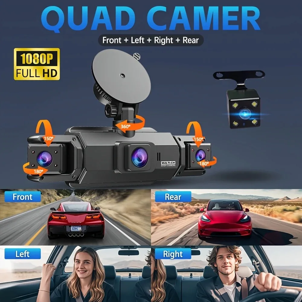 4Lens 360° Dash Cam Voice 1080P Video Recorder Car DVR Recording Camera Front Left Right Rear View Auto 4Ch DashCam 24H Parking