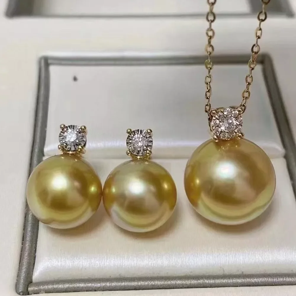 

Bestselling AAAA-10-11 mm South Sea Gold Round Pearl Set 18 inch Pearl Pendant+Pearl Earrings 925s