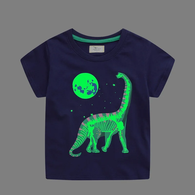 Kids Luminous Cartoon Dinosaur Space T-shirt 2-7 Years 100% Cotton Baby Boys Tees Summer New Short Sleeve Tops Dropshipping