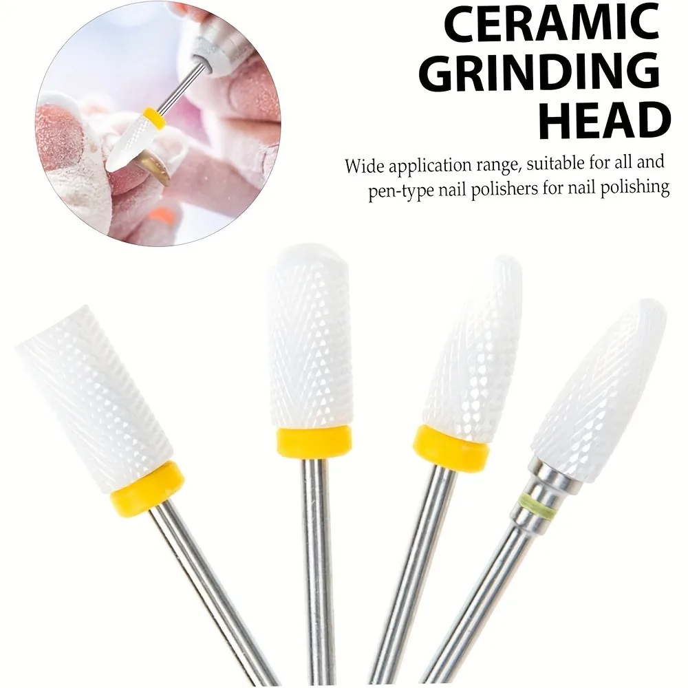 4 pcs Ceramic nail drill bit, cuticle care tool, suitable for polishing and removing acrylic nails and natural nail gel, durable