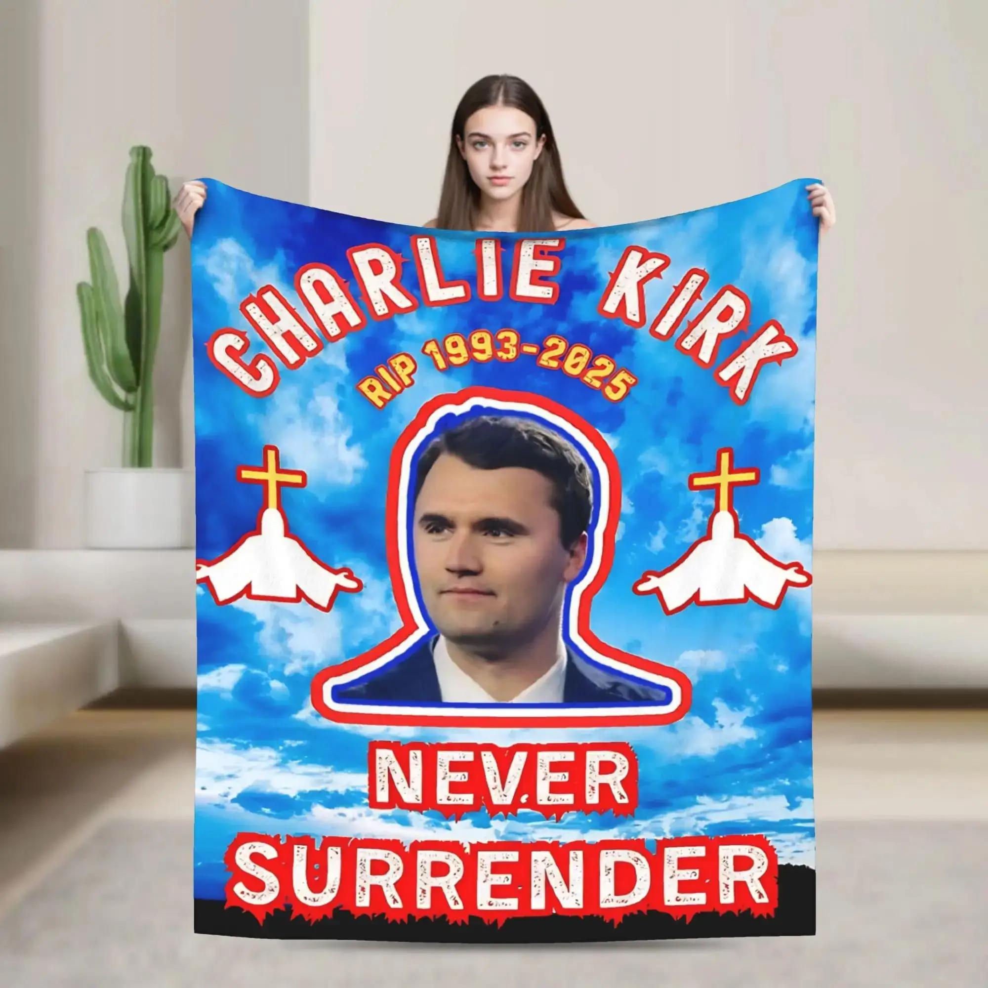 

Мягкое фланелевое одеяло для девочек и мальчиков с дизайном Charlie Kirk Never Give Up Never Surrender, декоративное покрывало для дивана или кровати.
