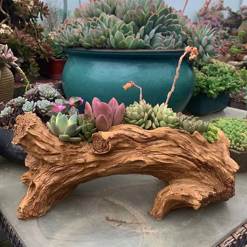 Nostalgic Old Pile Succulent Planter Resin Imitation Wood Root Carving Vintage Office Decor Wooden Plant Stands for Garden Desk