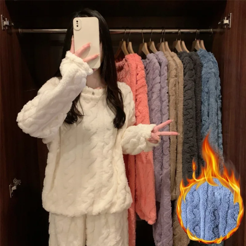 

His Hers Flannel Loungewear Set Solid Jacquard Couple Pajamas Thick Thermal Plush Homewear Winter Unisex Comfort Essential