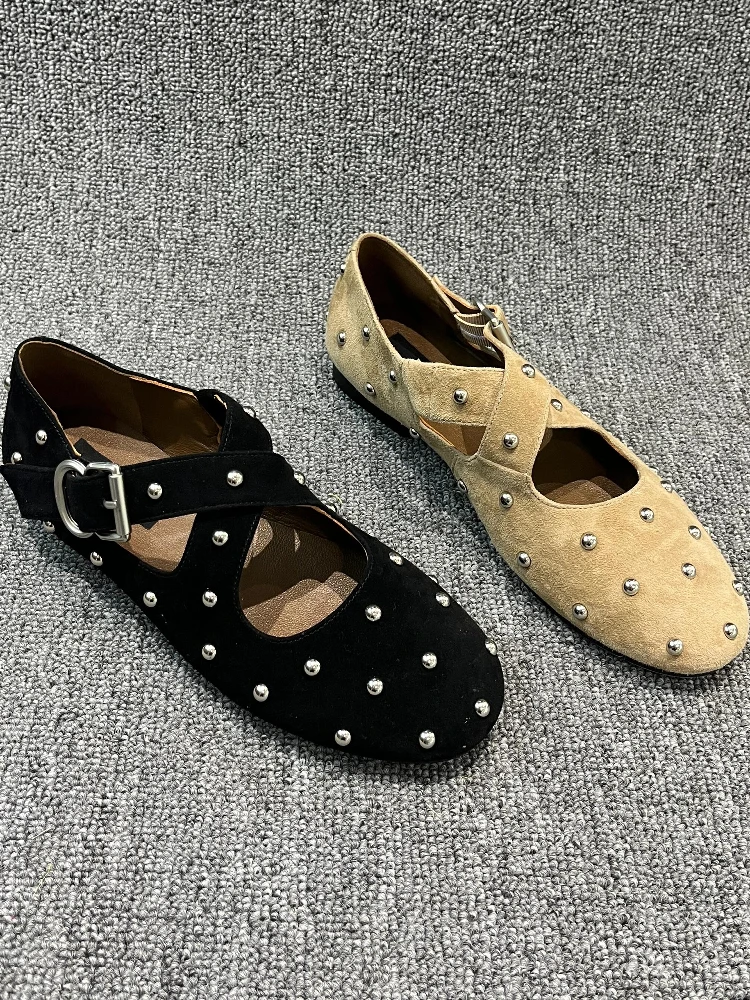 genuine-leather-mary-jane-flat-shoes-korean-style-rivet-round-head-cross-buckle-ballet-flat-shoes-women's-summer-new-style