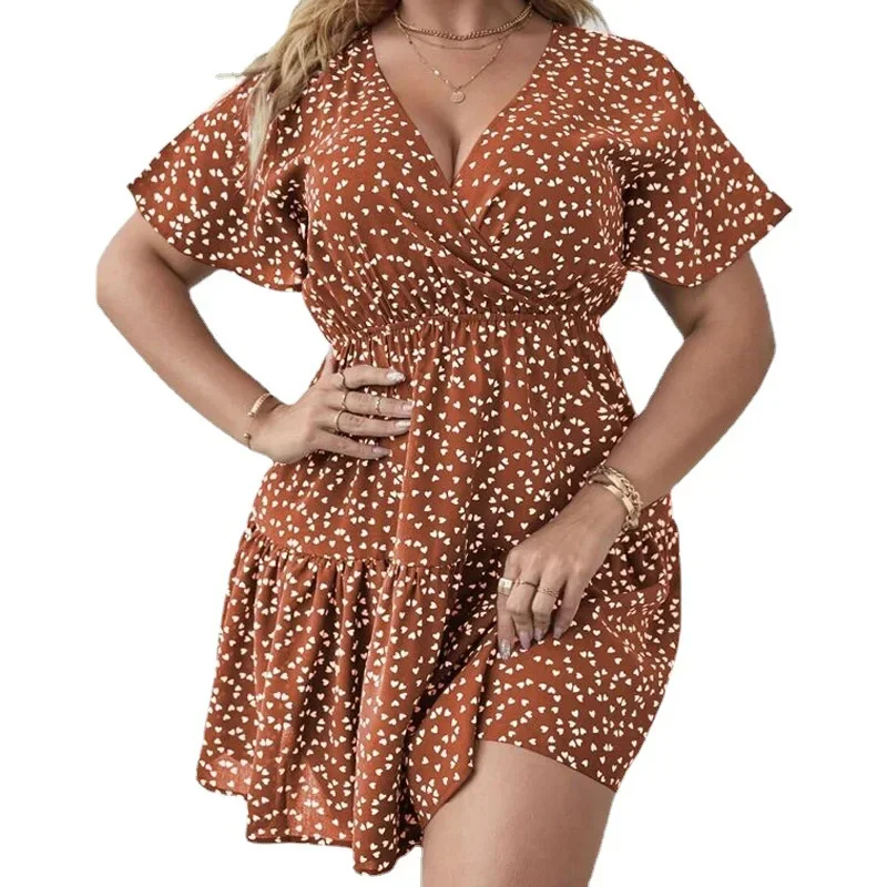 Sexy Deep V-Neck Mini Dresses For Women Summer Plus Size Print Ruffle Short Sleeve Boho Vestido Feminino A-Line Elegant Dress