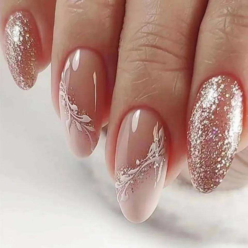 24 uñas postizas mate color almendra para otoño e invierno, con pegamento, estampado de hojas y rosas, cubierta completa, acrílicas 4
