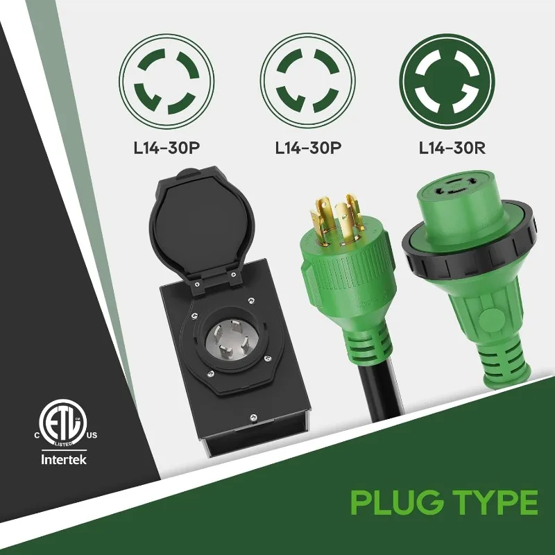 مجموعة كومبو الطاقة في حالات الطوارئ، سلك مولد 25 قدم 30 أمبير وصندوق مدخل الطاقة، سلك مولد NEMA L14-30P إلى L14-30R