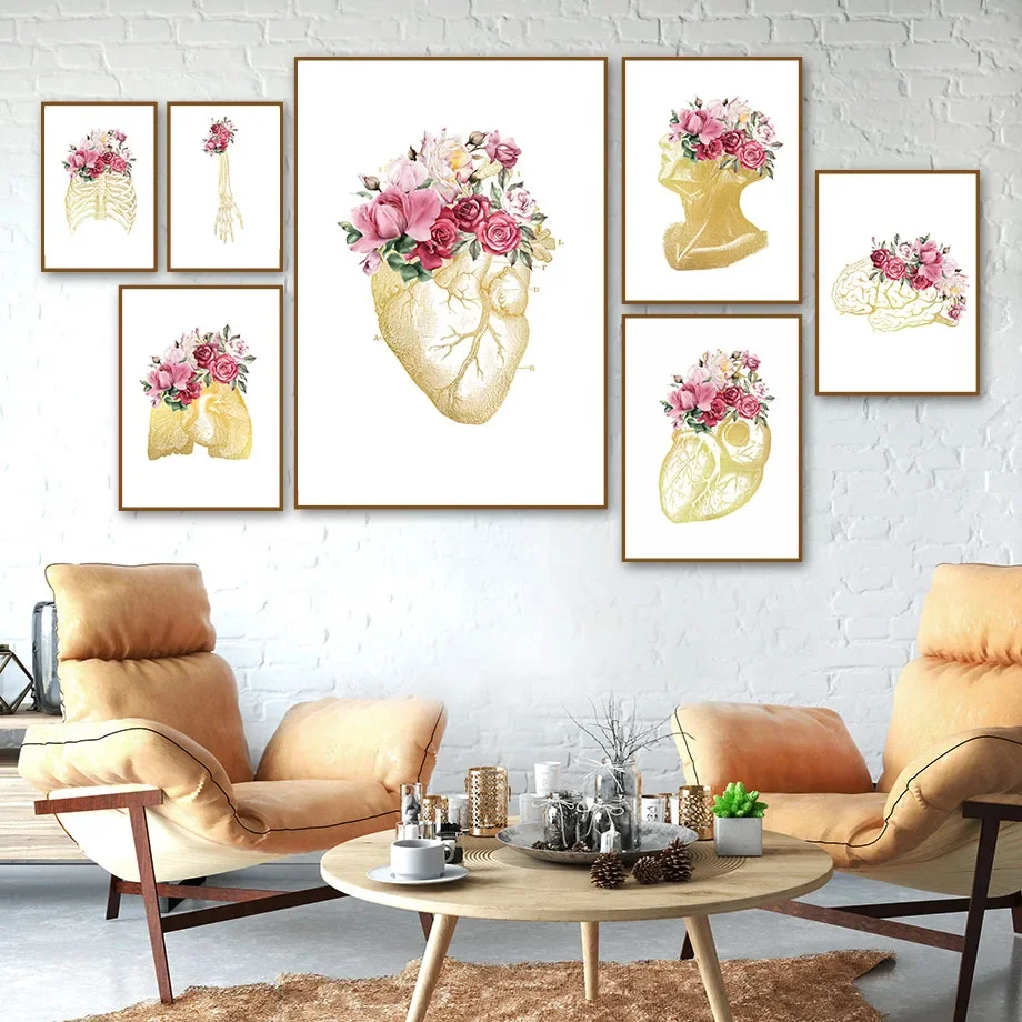 

Golden Anatomy Head Heart Brain Flower Wall Art Canvas Painting Nordic Posters And Prints Wall Pictures For Living Room Decor